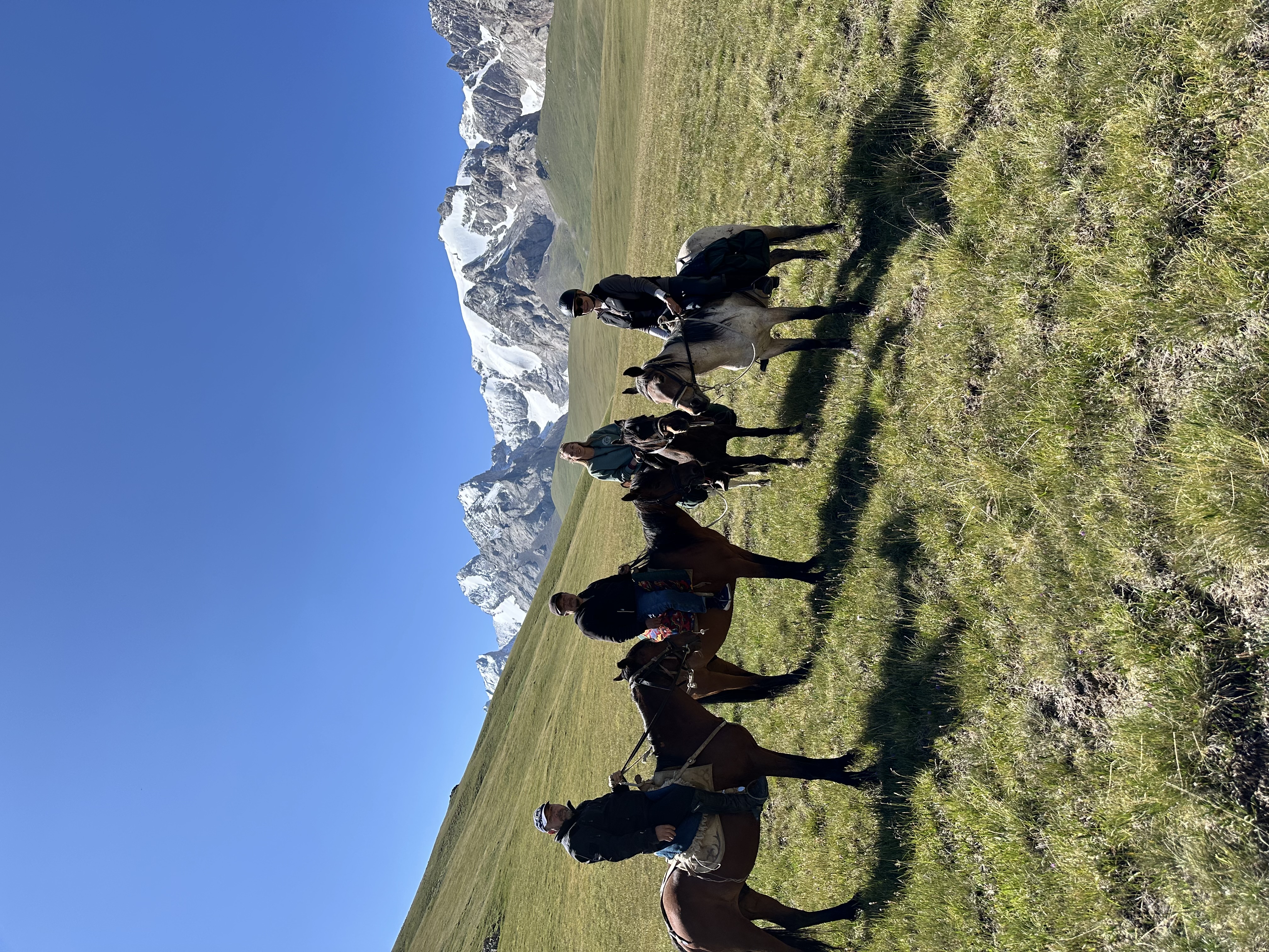 Riders on pasture with snowy peaks